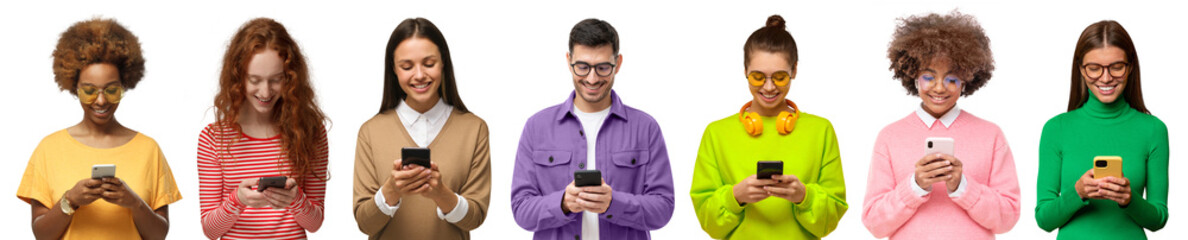 Group of smiling diverse people holding phones and texting