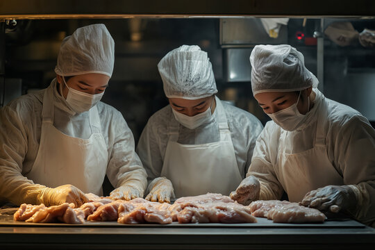 Dedicated employees clean and prepare poultry in an industrial kitchen