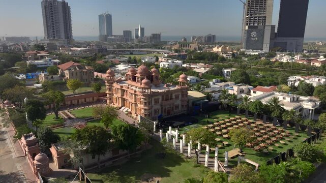 The Mohatta Palace is a museum located in Karachi, Sindh, Pakistan. Aerial Drone Shot at sunny Day, Karachi from Above