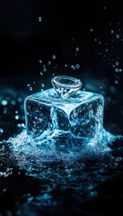 Title: Close-Up of Ice Cubes Splashing in Water on Dark Background, Highlighting Frozen Texture and Crystal Clarity
