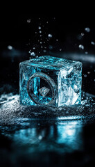 Title: Close-Up of Ice Cubes Splashing in Water on Dark Background, Highlighting Frozen Texture and Crystal Clarity

