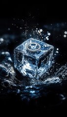 Title: Close-Up of Ice Cubes Splashing in Water on Dark Background, Highlighting Frozen Texture and Crystal Clarity
