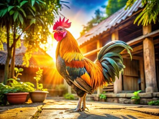 A rooster stands proud, bathed in sunlight, his crow echoing in the serene courtyard.