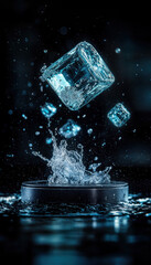 Title: Close-Up of Ice Cubes Splashing in Water on Dark Background, Highlighting Frozen Texture and Crystal Clarity

