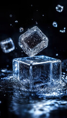 Title: Close-Up of Ice Cubes Splashing in Water on Dark Background, Highlighting Frozen Texture and Crystal Clarity
