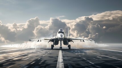 A military jet prepares for takeoff on a runway under dramatic clouds.