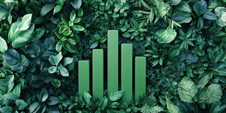 Green bar graph amidst lush foliage symbolizes eco-friendly growth and sustainable development.