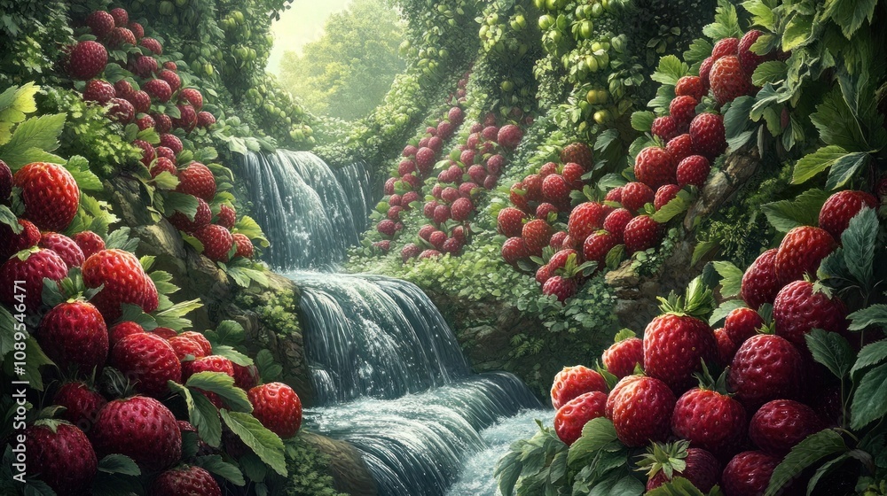 Poster lush strawberry paradise by a tranquil waterfall with vibrant greenery and flowing stream creating a