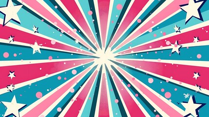Fototapeta premium A vibrant graphic design featuring radiating lines and stars in pink, blue, and white, creating an energetic and celebratory feel.