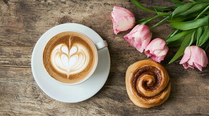 A cozy coffee scene featuring a latte art heart, a cinnamon roll, and fresh pink tulips on a rustic wooden table.