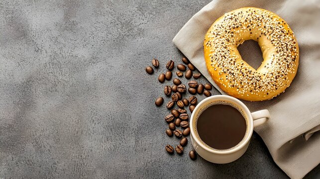 A cozy coffee and donut scene featuring a sesame bagel beside a steaming cup of coffee and scattered coffee beans on a textured surface.
