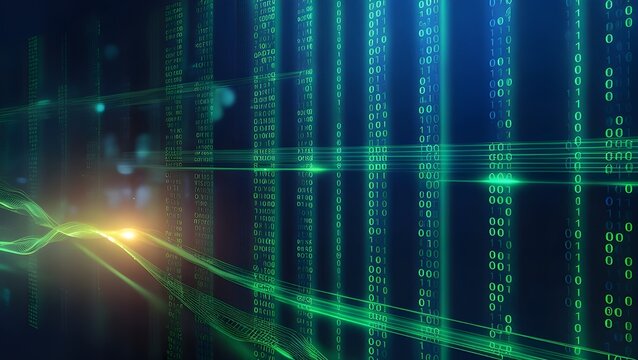 Futuristic digital encryption design, featuring a binary code matrix on a dark blue canvas. The flowing code, glowing in neon green, represents the concepts of cybersecurity and cryptocurrency