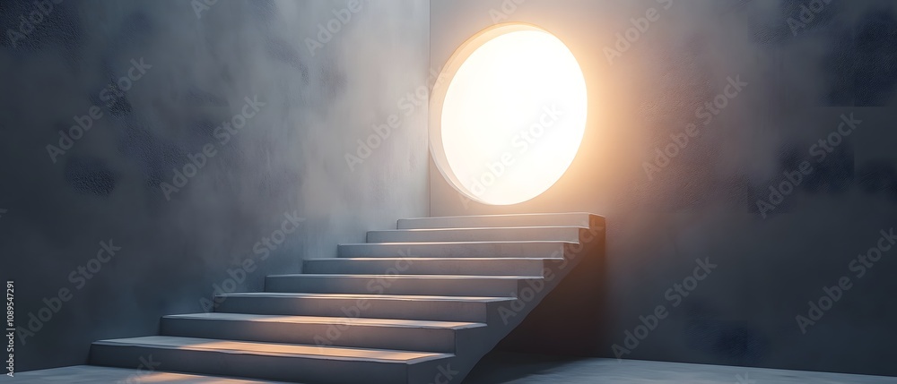 Poster Serene Interior with Illuminated Circular Window and Abstract Staircase Leading to Light in a Calm Atmosphere of Tranquility and Reflection