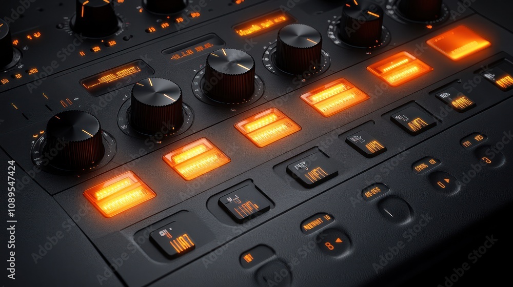 Poster close-up of illuminated audio mixing console controls.