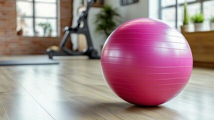 Pink exercise ball on wooden floor in gym.