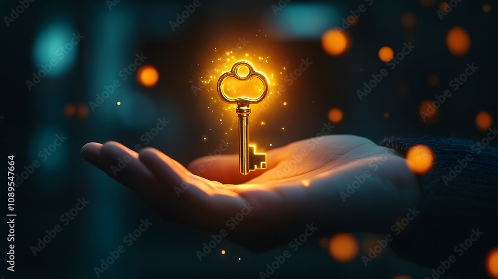 Poster illuminated key in hand with magical glow, symbolizing unlocking opportunities and potential in a my