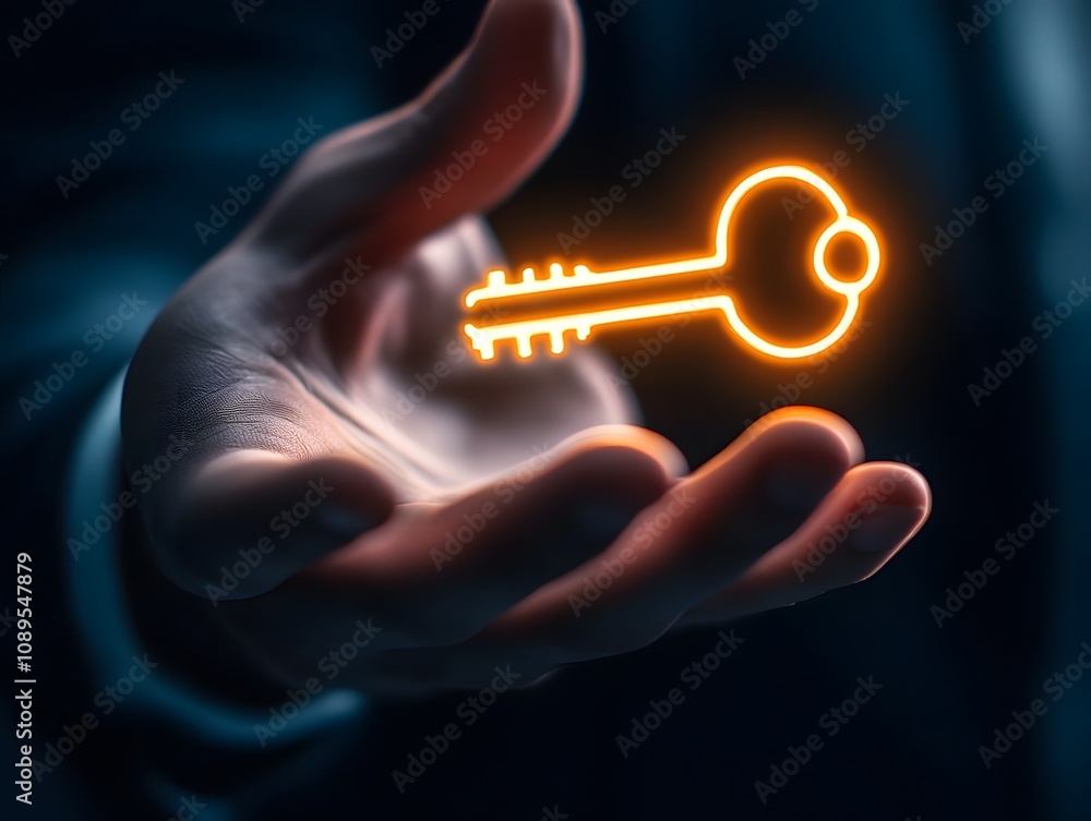 Poster futuristic representation of key symbolizing access and opportunity in business context, hand holdin