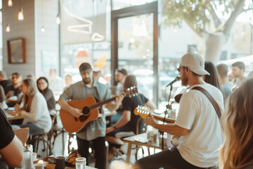 Fototapeta na wymiar A live music event taking place in the coffee shop with a small stage and audience