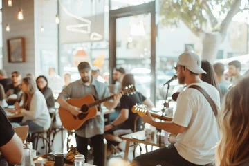 Wall murals A live music event taking place in the coffee shop with a small stage and audience