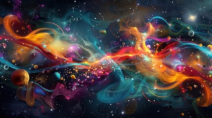 Abstract cosmic background with swirling nebulae, stars, and planets in vibrant colors.