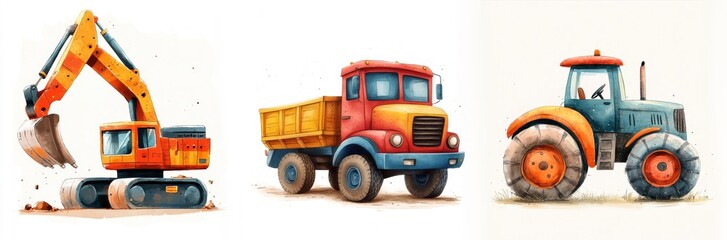 Fototapeta premium Industrial Construction Equipment: Excavator, Truck, and Tractor, Child-Friendly Hand-Drawn Doodles