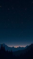Starry night sky over mountain landscape with silhouette of trees, tranquil atmosphere, copy space