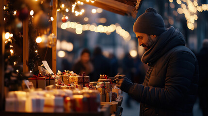 Obraz premium Man browsing at Christmas market stall