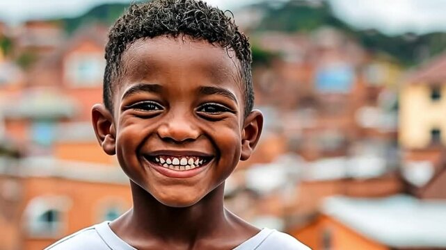 Smiling Brazilian boy in favela neighborhood background. Concept of joy, resilience, and poverty in South America.