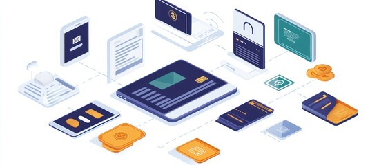 A conceptual representation of a digital banking ecosystem with interconnected devices, digital wallets,