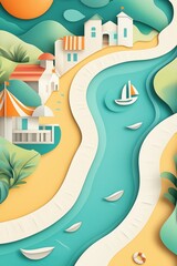 Fototapeta premium Colorful paper art landscape featuring river, houses, boats, and trees. Stylized scenery with vibrant colors and shapes