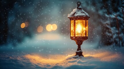 Snow Covered Lantern Glows Brightly In Winter Night