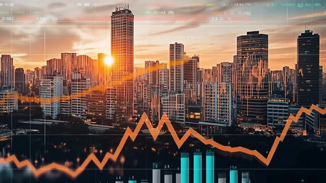 Rising financial chart line over cityscape at dawn. Representation of economic development and market expansion.