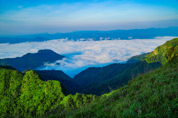 Mountain sunrise over clouds scenic landscape nature photography tranquil environment aerial view serenity and beauty