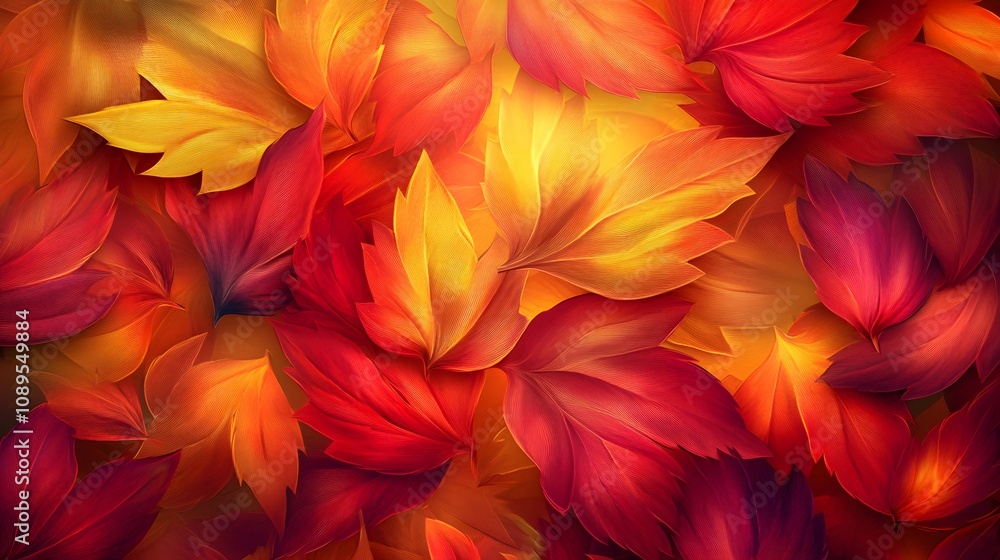 Poster artistic and colorful pattern of red, orange, and yellow leaves with intricate details, creating a d