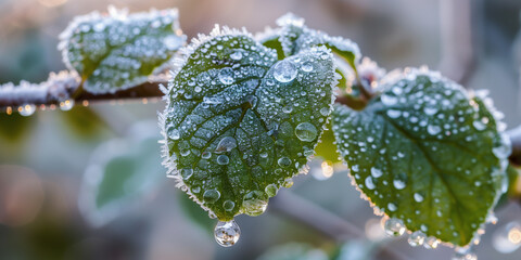 Frozen water droplets on a green leaf