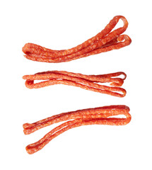 Group of dry smoked sausages closeup isolated on a white background