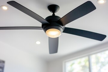 A ceiling fan with three lights mounted on a ceiling, suitable for use in a living room or bedroom
