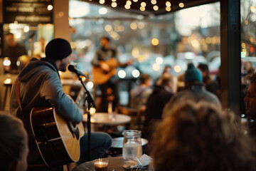 A live music event taking place in the coffee shop with a small stage and audience
