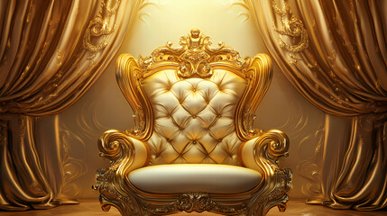 A regal chair embellished with golden accents and plush velvet, fit for an extravagant banquet. Extravagant Royal Banquet. Illustration