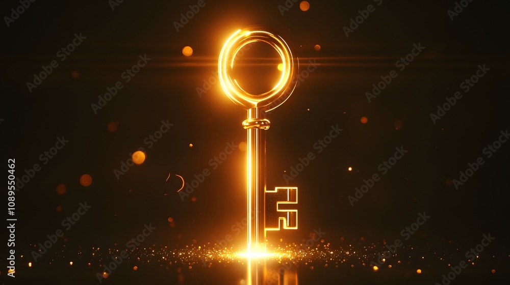 Poster Glowing Golden Key Surrounded by Sparkling Light Rays, Symbolizing Unlocking Potential and New Opportunities in a Magical, Mystical Setting