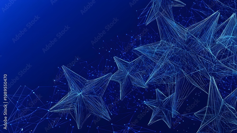 Poster a digital art depiction of glowing blue stars connected in a network, creating a futuristic and tech