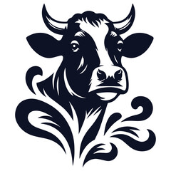 Elegant Black and White Cow Head Illustration with Leaves for Agriculture, Dairy, and Eco-Themed Designs
