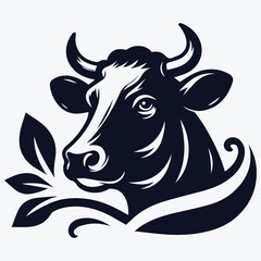 Elegant Black and White Cow Head Illustration with Leaves for Agriculture, Dairy, and Eco-Themed Designs