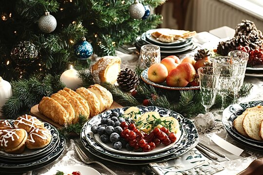 Festive christmas dinner table with delicious food and elegant decorations under a glowing tree