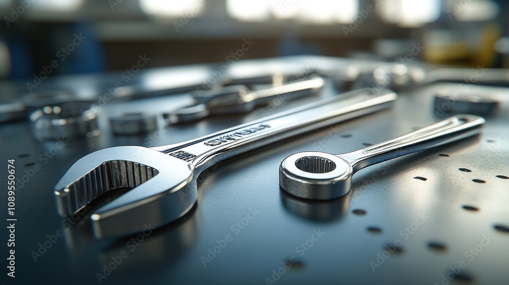 Poster close-up of shiny wrenches and tools on a metallic surface.