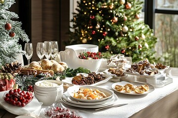 Cozy christmas dinner table with delicious food and festive decorations, creating a warm holiday...