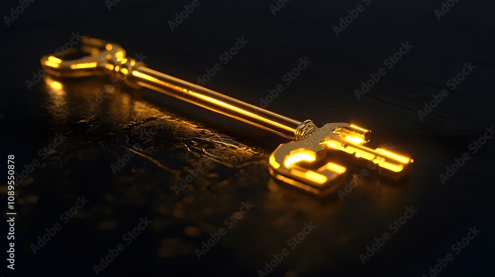 Aufkleber shiny golden key on dark surface with intricate design, symbolizing access and opportunity, reflecti