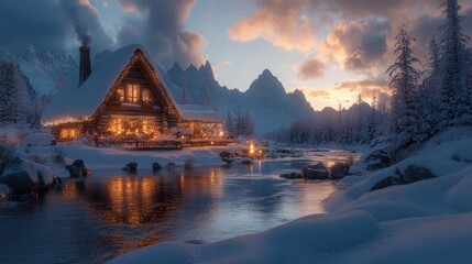 Fototapeta premium Cozy Illuminated Log Cabin Winter Mountain River Scene