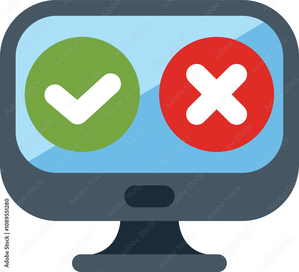 Poster desktop computer screen displaying a checkmark and a cross symbol, representing the concept of decis