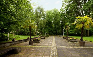 Colonade at Prusík spring with beautiful flowers Konstantinovy ​​lazne (konstantinsbad) Czech Republic Europe